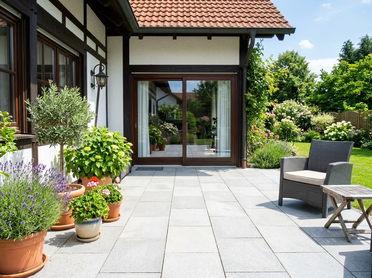 Frisch gereinigte Terrasse mit hellen Steinplatten
